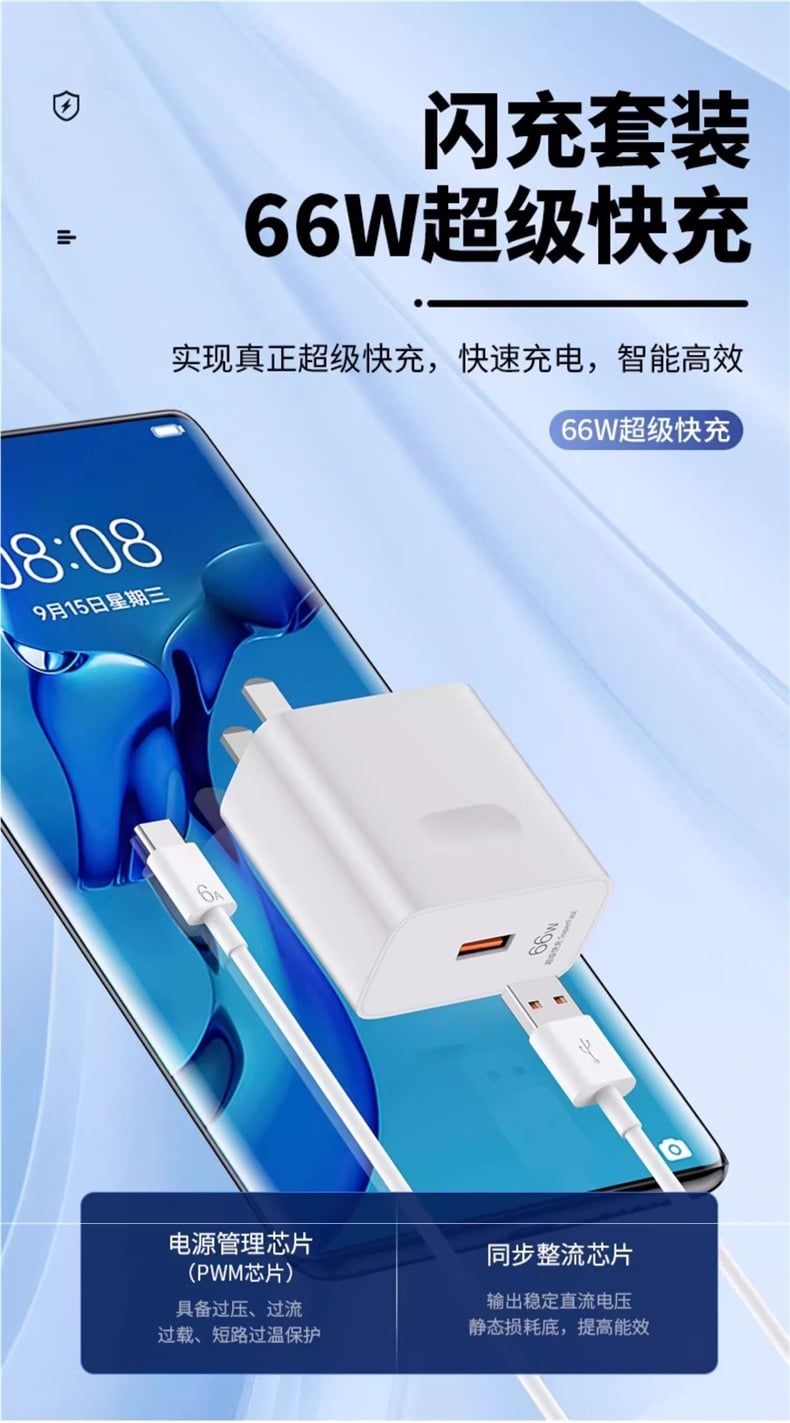 66W Charger with 2m Long 6A Type-C Cable
